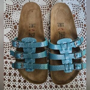 Birkenstock birki's xenia blue three strap slip on sandals size 38 US Womens 7
